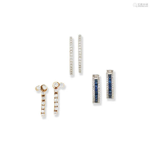 Three pairs of diamond set earrings