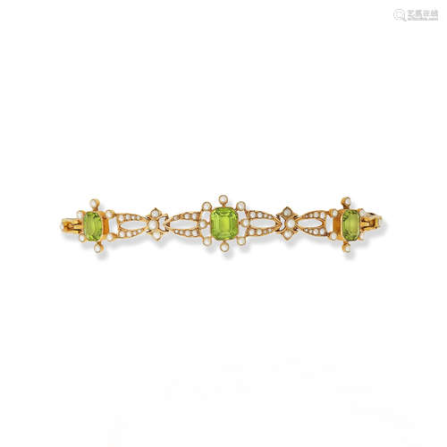 A peridot and seed-pearl bracelet, Edwardian