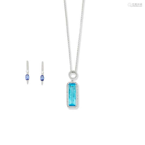 A blue topaz and diamond pendant with chain and a pair of tanzanite and diamond earrings