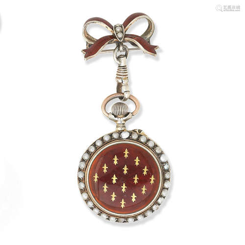 A lady's enamel and seed-pearl fob watch