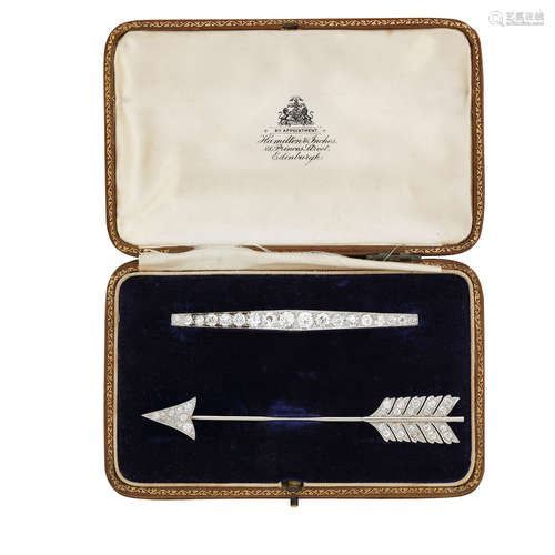 A diamond bar brooch and sûreté pin set, early 20th century, retailed by Hamilton & Inches