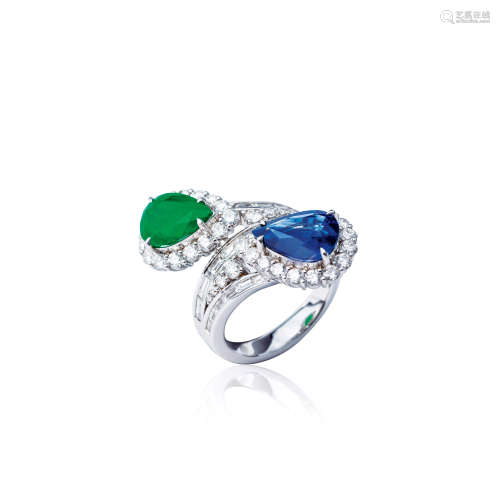 3.25克拉天然哥伦比亚绿宝石、2.36克拉天然斯里兰卡蓝宝石配18K白金镶钻石水滴形戒指