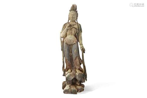 A LARGE CHINESE POLYCHROMED WOOD FIGURE OF GUANYIN.