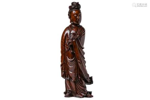 A LARGE CHINESE HARDWOOD FIGURE OF GUANYIN.