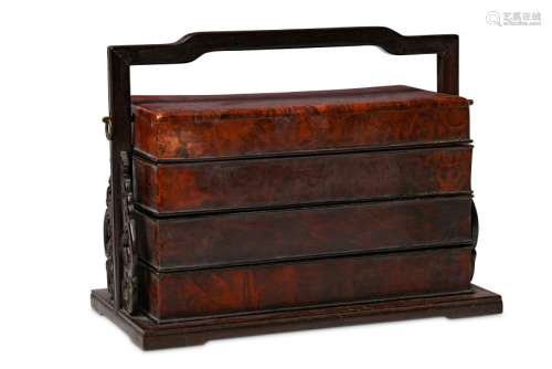 A CHINESE BURL WOOD THREE-TIER PICNIC BOX.