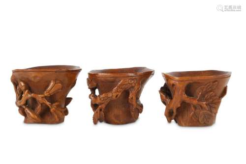 THREE SMALL CHINESE BAMBOO 'TREES' LIBATION CUPS.