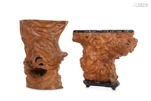 TWO CHINESE ROOTWOOD BRUSH POTS, BITONG.