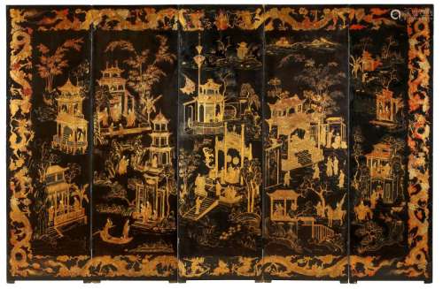 A CHINESE FIVE PANEL GILT-DECORATED BLACK LACQUERED