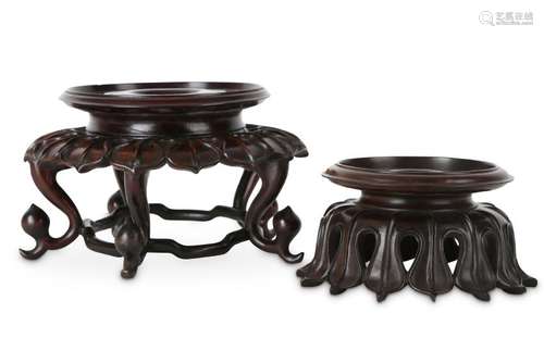 TWO CHINESE LOTUS-PETAL WAISTED HONGMU BOWL STANDS.