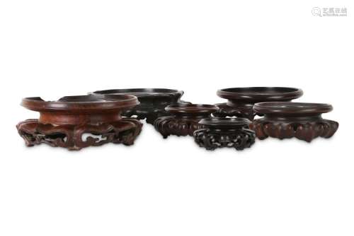 FIVE CHINESE HONGMU AND ONE HUALI WOOD STAND.