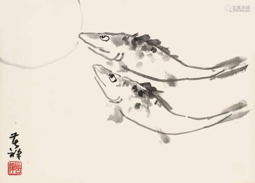 李苦禅(1899-1983) 双鱼图 设色纸本 镜框