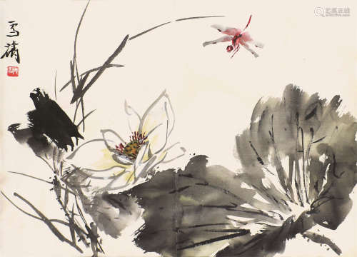 王雪涛(1903-1982) 荷花蜻蜓 设色纸本 镜框