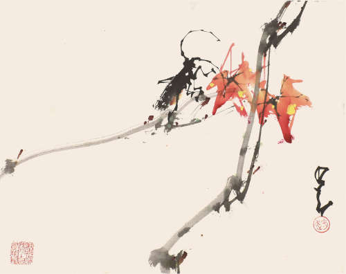 赵少昂(1905-1998) 红叶草虫 设色纸本 镜片