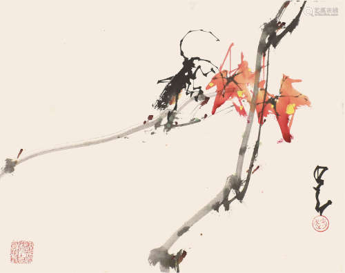 赵少昂(1905-1998) 红叶草虫 设色纸本 镜片