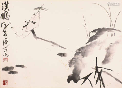 亚 明(1924-2002) 荷花蜻蜓 设色纸本 镜片