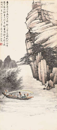 汪锟(1877-1950) 赤壁夜游 设色纸本 立轴