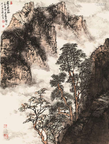 魏贺君(b.1971) 霞光照山林 设色纸本 镜框