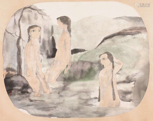 田黎明(b.1955) 河边 设色纸本 镜片