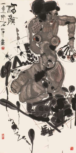 石 虎(b.1942) 福颜 设色纸本 立轴