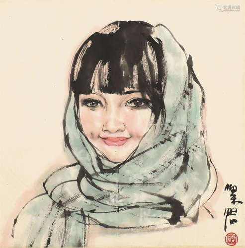 梁 岩(b.1943) 少女 设色纸本 镜框