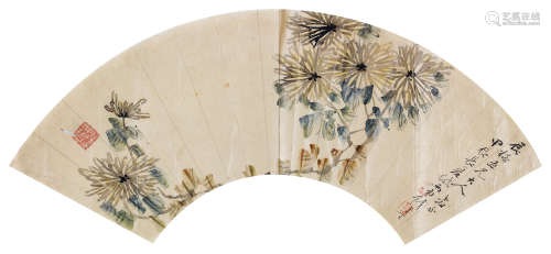 钱岱雨 1844年作 菊花扇面 镜心 设色纸本