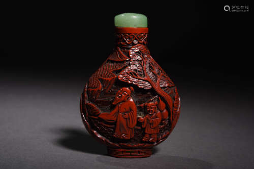 A CARVED CINNABAR LAQUER LANDSCAPE AND FIGURES SNUFF BOTTLE, QING QIANLONG PERIOD, 1736-1796