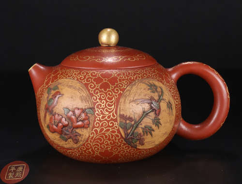 A ZISHA CARVED BIRD&FLOWER PATTERN TEA POT