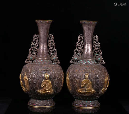 17-19TH CENTURY, A PAIR OF OLD SILVER FLORAL&STORY DESIGN VASES, QING DYNASTY