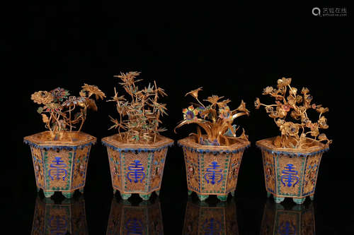 17-19TH CENTURY, A SET OF GILT SILVER ENAMEL FLORAL DESIGN BONSAIS, QING DYNASTY