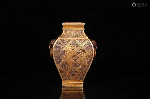 A PALACE FLORAL DESIGN GILT BRONZE DOUBLE EAR VASE.