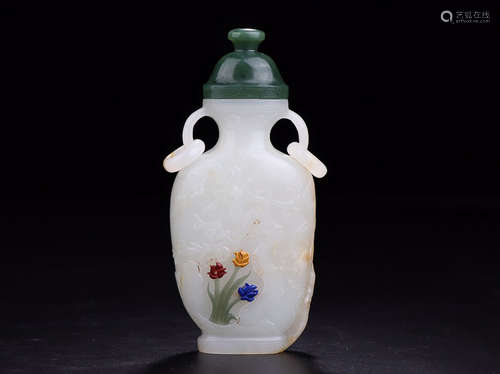 A HETIAN JADE VASE WITH GEM AND JASPER LID