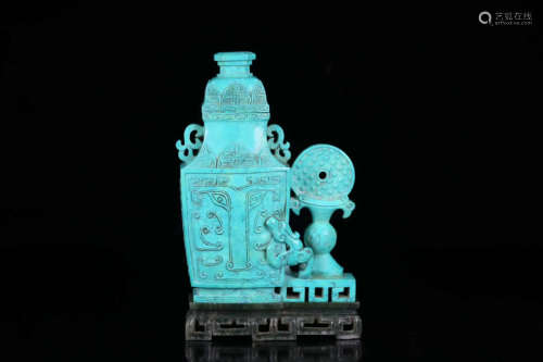 17-19TH CENTURY, A DRAGON DESIGN PALACE OLD TURQUOISE DOUBLE EAR VASE, QING DYNASTY