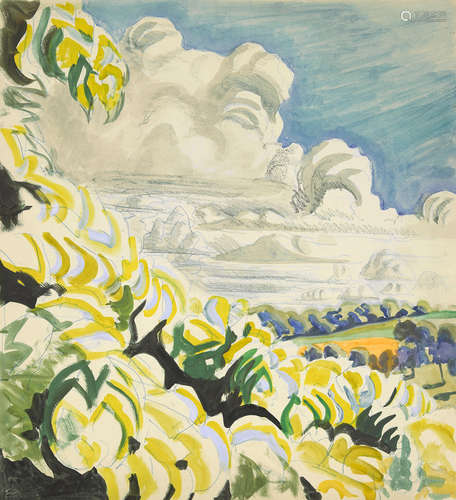 Charles Burchfield (1893-1967) Untitled (Landscape with Yellow Shrubs) sheet, 19 7/8 x 18in; overall, 22 1/2 x 20 1/2in