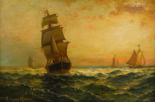 Edward Moran (1829-1901) Sailing at Sunset 14 x 21 5/8in