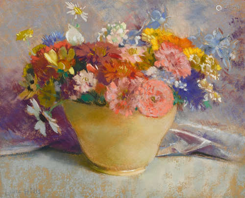 Laura Coombs Hills (1859-1952) Mixed Flowers in a Yellow Vase 10 1/2 x 13in