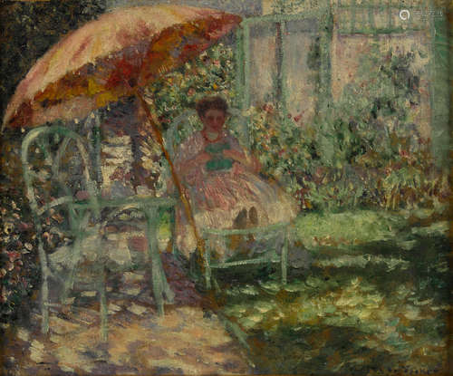 Frederick Carl Frieseke (1874-1939) Study for The Garden Parasol 19 x 23in (Painted circa 1910.)