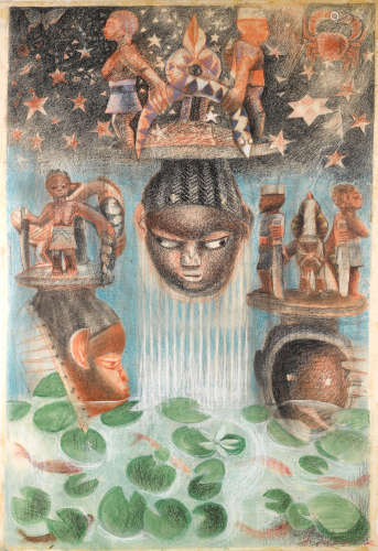 John Biggers (1924-2001) Homage to Gelede image, 41 x 27 3/4in; sheet, 42 x 29in