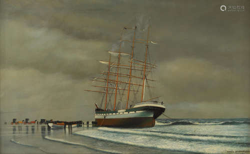 Antonio Nicolo Gasparo Jacobsen (1850-1921) The County of Edinburgh Aground at Point Pleasant Beach, New Jersey 18 x 30in (Painted in 1902.)