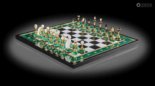 Malachite, Dolerite and Kascholong Opal Chess Set