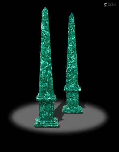 Monumental Pair of Malachite Obelisks