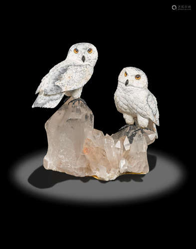 White Dendritic Agate Carving Depicting Owls on a Quartz Base by Manfred Wild--