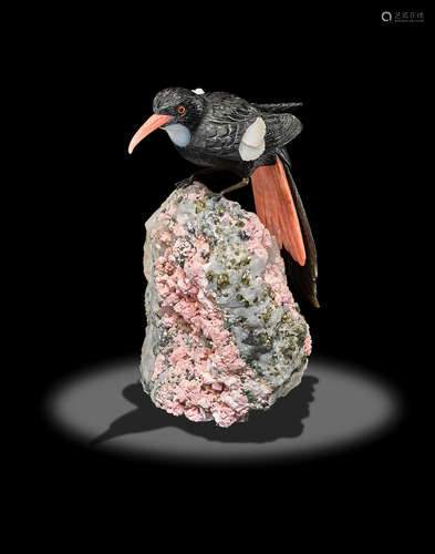 Multi-gemstone Bird on Quartz and Dolomite Base