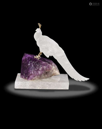 Rock Crystal Quartz Carving of a Peacock by Peter Muller