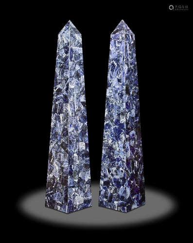 Monumental Pair of Sodalite Mosaic Obelisks