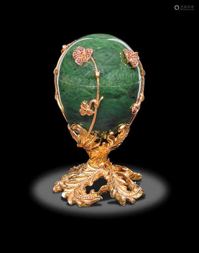 Nephrite and Gem-set Egg-form Carving--