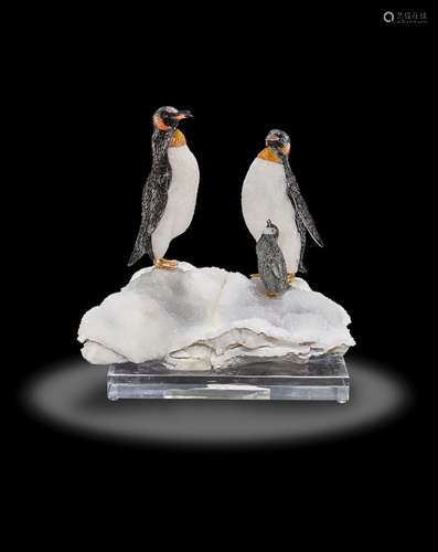 Agate and Obsidian Carving of Penguins by Peter Muller