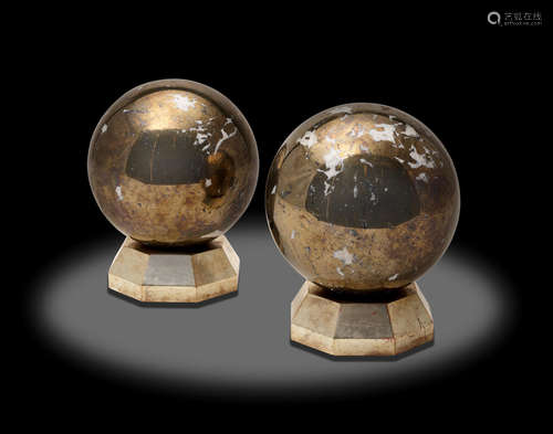 PAIR OF MARBLE AND IRON PYRITE SPHERES ON SILVERED WOOD BASES