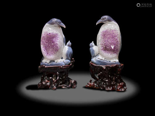 Amethyst and Banded Agate Carvings of a Pair of Penguins