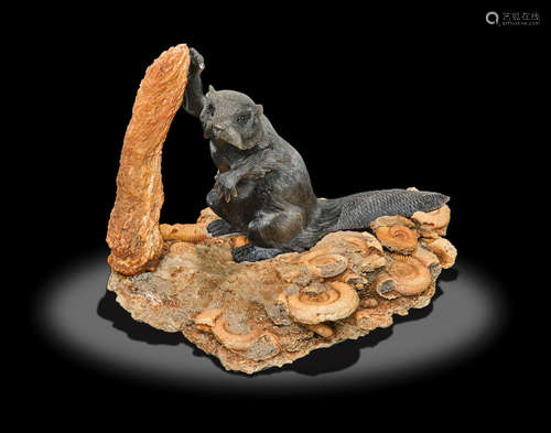 Black Obsidian Carving of a Beaver on an Ammonite Fossil Base