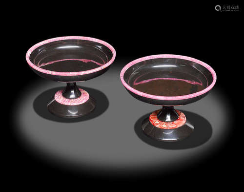 Pair of Black Onyx Bowls with Rhodochrosite